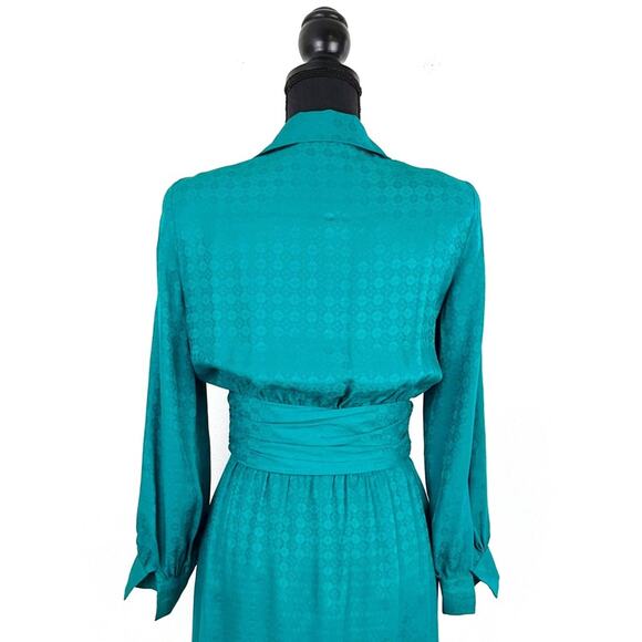 Vintage 80s Teal Silk Dress Wide Wrap Waist Shoulder Pads - Picture 3 of 11